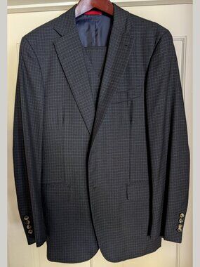 NWOT Isaia Napoli Blue Black Check 3-Piece Suit Vest Notch Lapel EU52R US42R